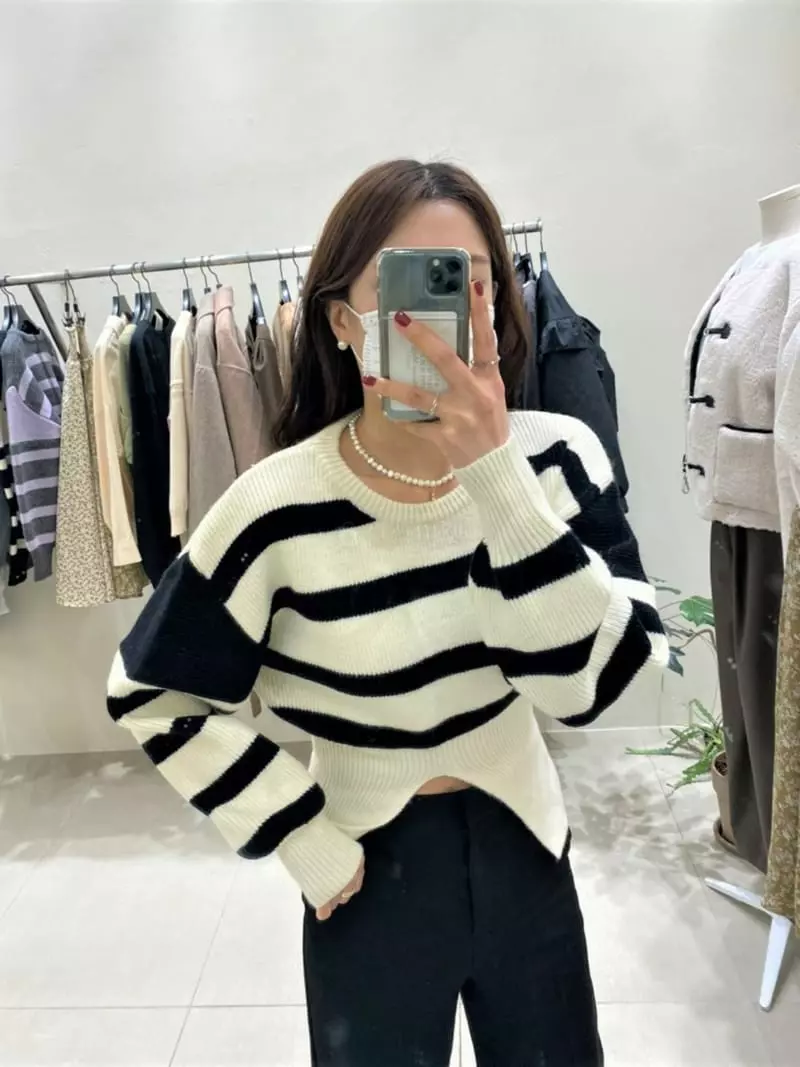 Afternoon - Korean Women Fashion - #womensfashion - Unbalanced Striped Knit Tee - 2