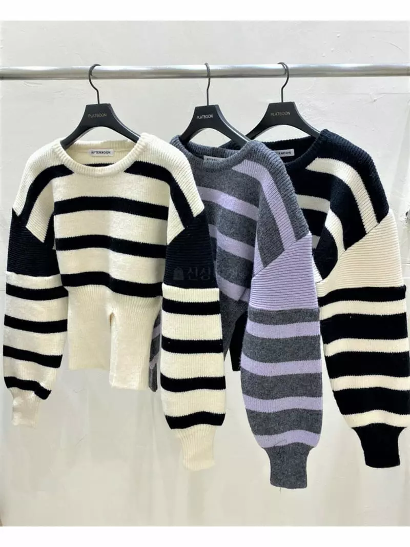 Afternoon - Korean Women Fashion - #momslook - Unbalanced Striped Knit Tee - 4