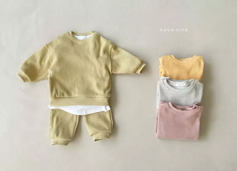 Bebe Nine - Korean Children Fashion - #discoveringself - Kid Waffle Top Bottom Set - 8