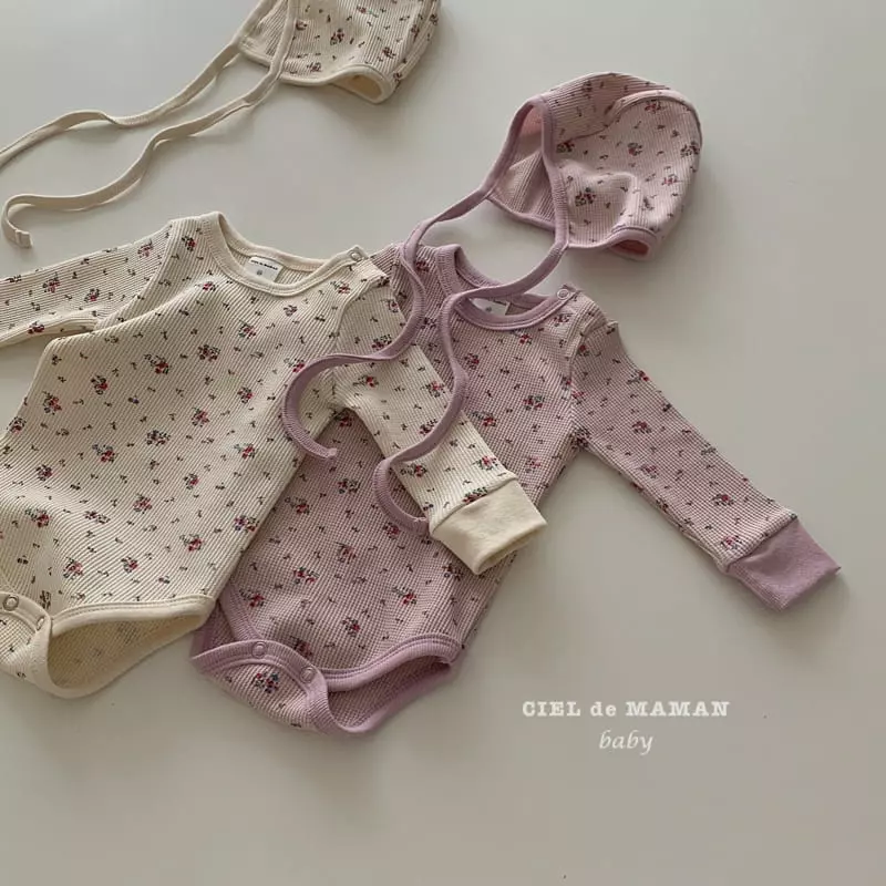 Ciel De Maman - Korean Baby Fashion - #babyfashion - Waffle Flower Bodysuit with Leggings Bonnet - 11