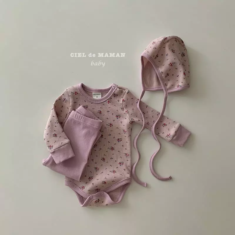 Ciel De Maman - Korean Baby Fashion - #babyootd - Waffle Flower Bodysuit with Leggings Bonnet