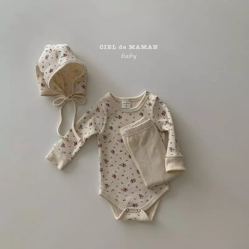 Ciel De Maman - Korean Baby Fashion - #babyoutfit - Waffle Flower Bodysuit with Leggings Bonnet - 2