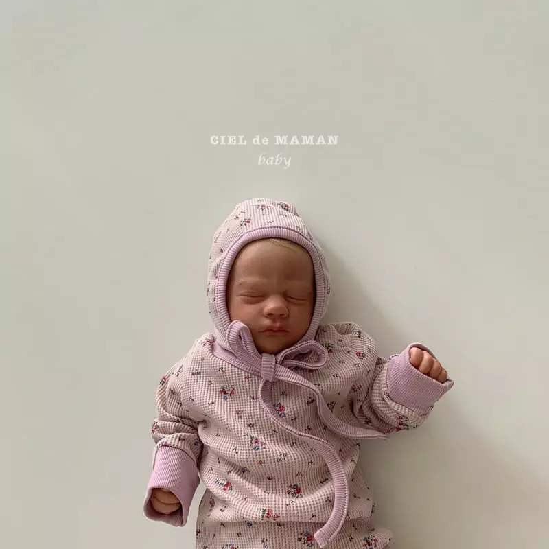 Ciel De Maman - Korean Baby Fashion - #babyoutfit - Waffle Flower Bodysuit with Leggings Bonnet - 3