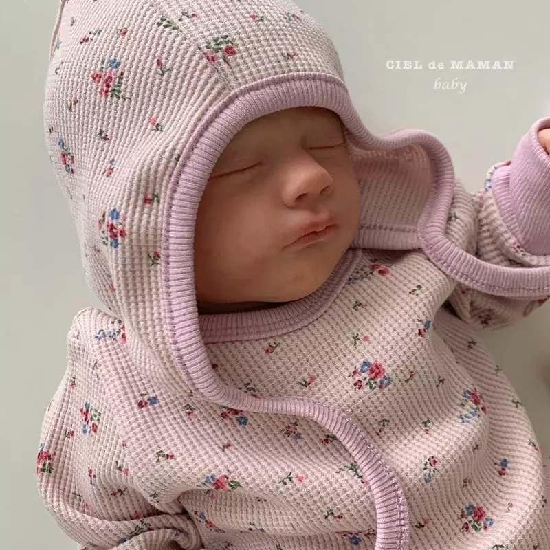 Ciel De Maman - Korean Baby Fashion - #babyoutfit - Waffle Flower Bodysuit with Leggings Bonnet - 4