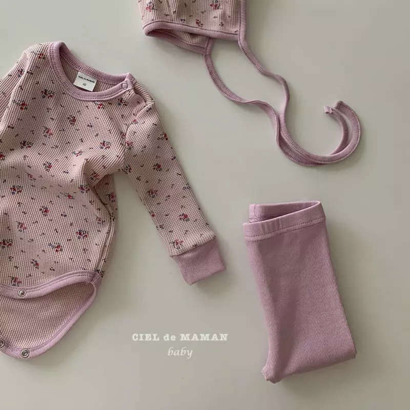 Ciel De Maman - Korean Baby Fashion - #onlinebabyshop - Waffle Flower Bodysuit with Leggings Bonnet - 6