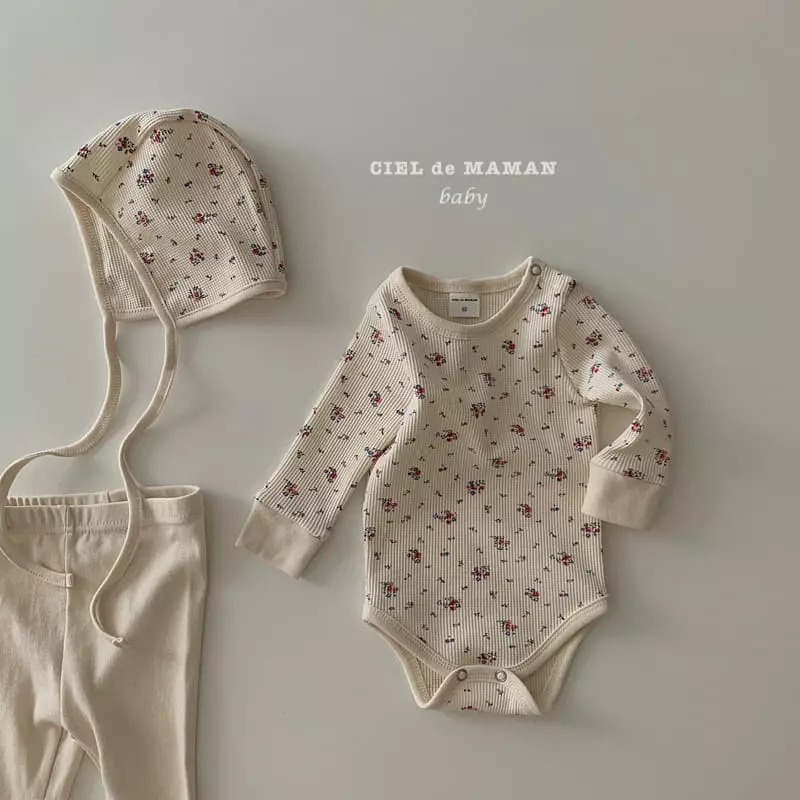 Ciel De Maman - Korean Baby Fashion - #smilingbaby - Waffle Flower Bodysuit with Leggings Bonnet - 7