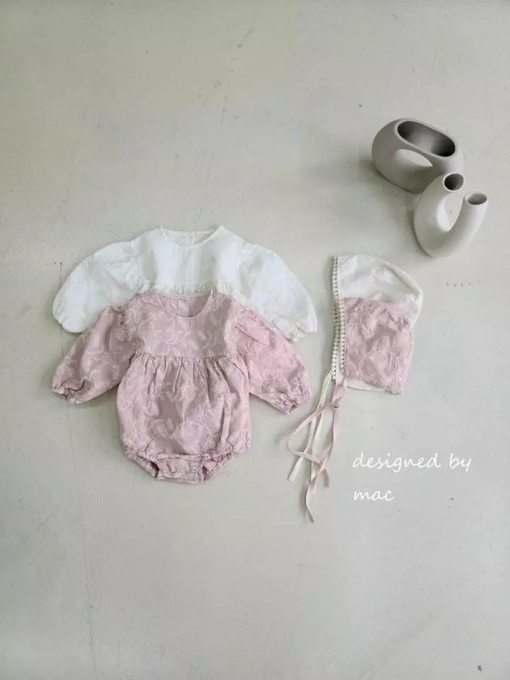 Mac - Korean Baby Fashion - #babyfashion - Bori Flower Embroidery Bodysuit with Bonnet