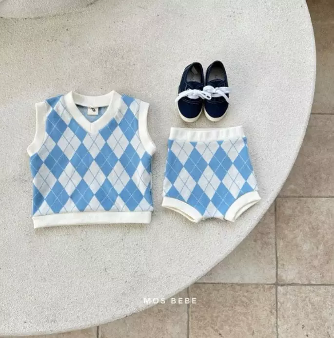 Mos Bebe - Korean Baby Fashion - #babyboutique - Argyle Vest Bottom Set - 2