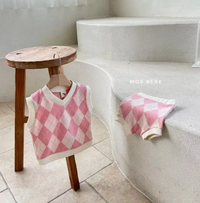 Mos Bebe - Korean Baby Fashion - #babyboutiqueclothing - Argyle Vest Bottom Set - 3