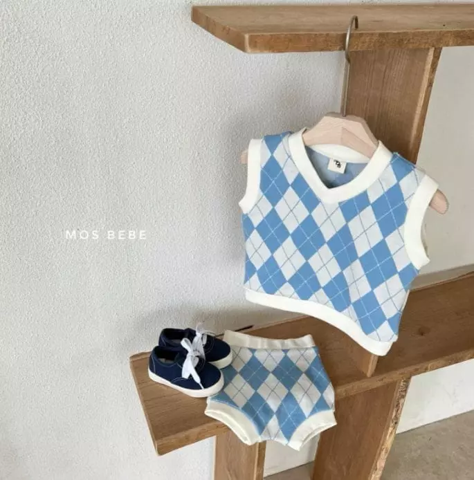 Mos Bebe - Korean Baby Fashion - #babyfever - Argyle Vest Bottom Set - 6