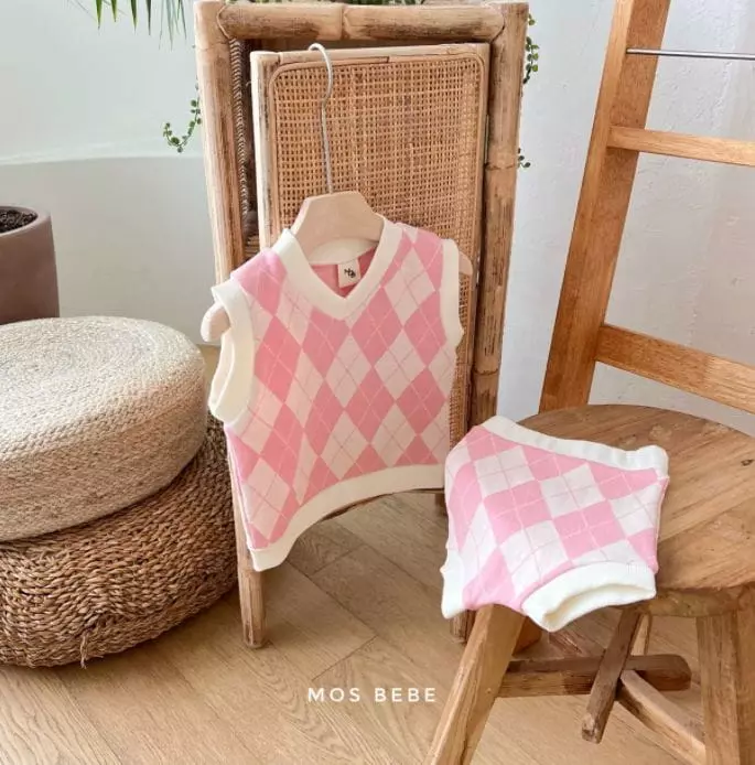 Mos Bebe - Korean Baby Fashion - #babygirlfashion - Argyle Vest Bottom Set - 7