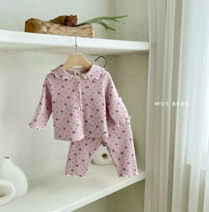 Mos Bebe - Korean Baby Fashion - #babyoutfit - Semi Collar Top Bottom Set - 2