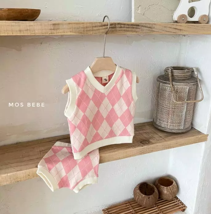 Mos Bebe - Korean Baby Fashion - #babyoutfit - Argyle Vest Bottom Set - 11