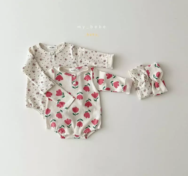 My Bebe - Korean Baby Fashion - #babyboutiqueclothing - Waffle Bodysuit with Hairband - 2