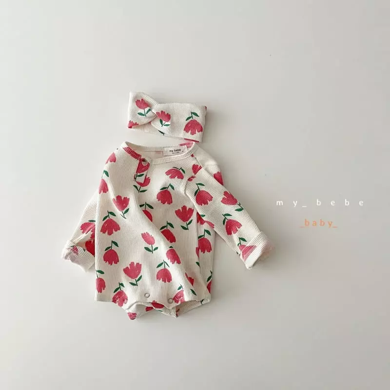 My Bebe - Korean Baby Fashion - #babylifestyle - Waffle Bodysuit with Hairband - 7