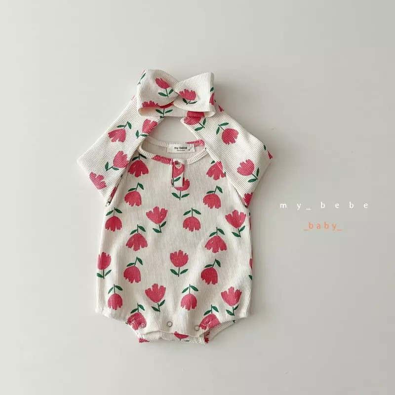 My Bebe - Korean Baby Fashion - #babyootd - Waffle Bodysuit with Hairband - 9