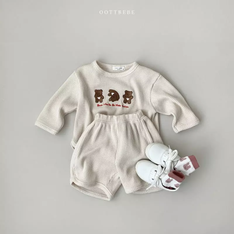 Oott Bebe - Korean Children Fashion - #toddlerclothing - Waffle Bear Top Bottom Set