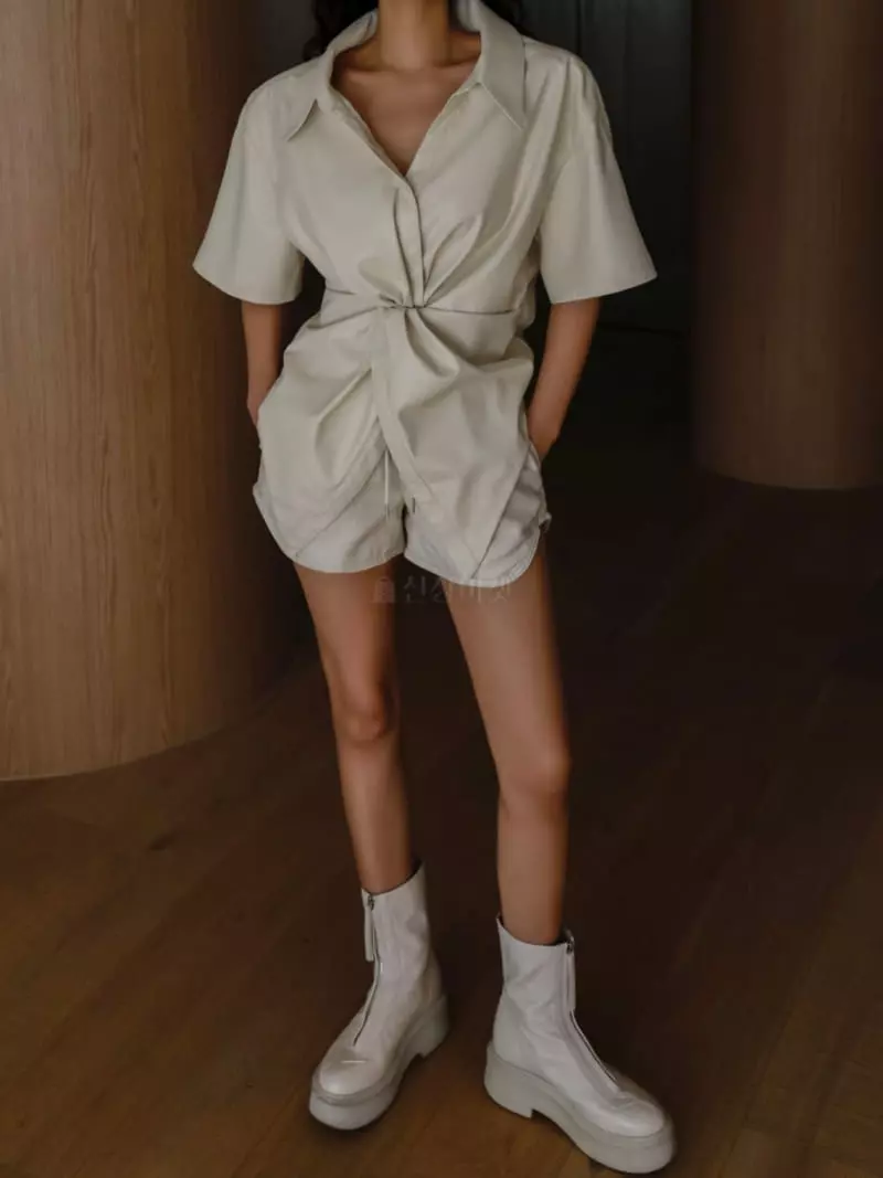 Paper Moon - Korean Women Fashion - #momslook - Vegan Leather Detail Blouse - 2