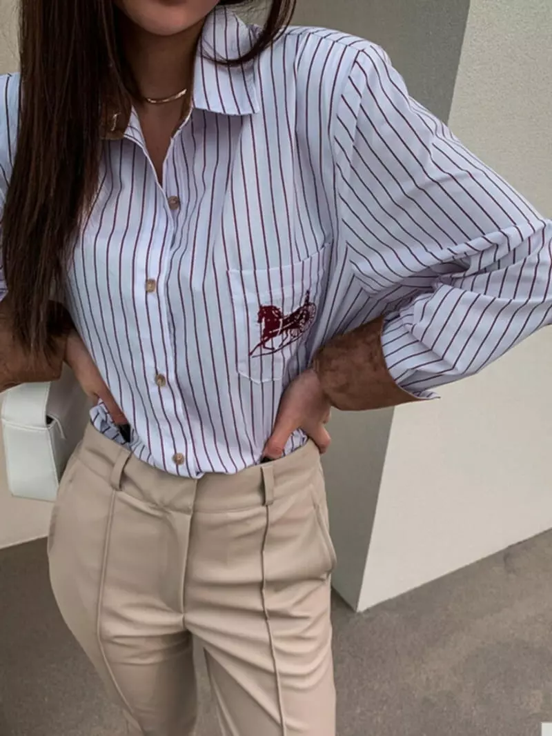 Pb - Korean Women Fashion - #vintagekidsstyle - Strip embroidery Pocket Shirt - 4