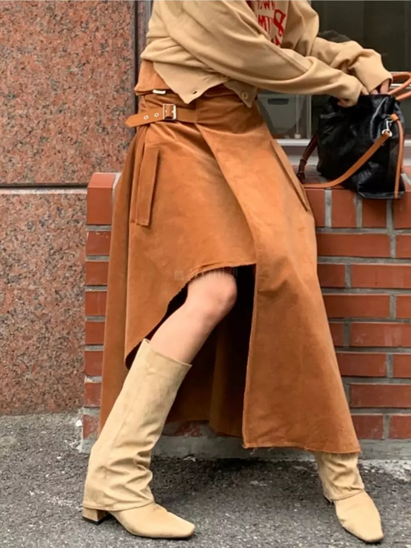Pb - Korean Women Fashion - #restrostyle - Suede Buckle Skirt - 3