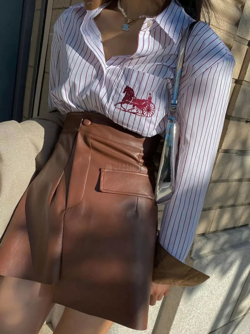 Pb - Korean Women Fashion - #vintagekidsstyle - Strip embroidery Pocket Shirt - 3