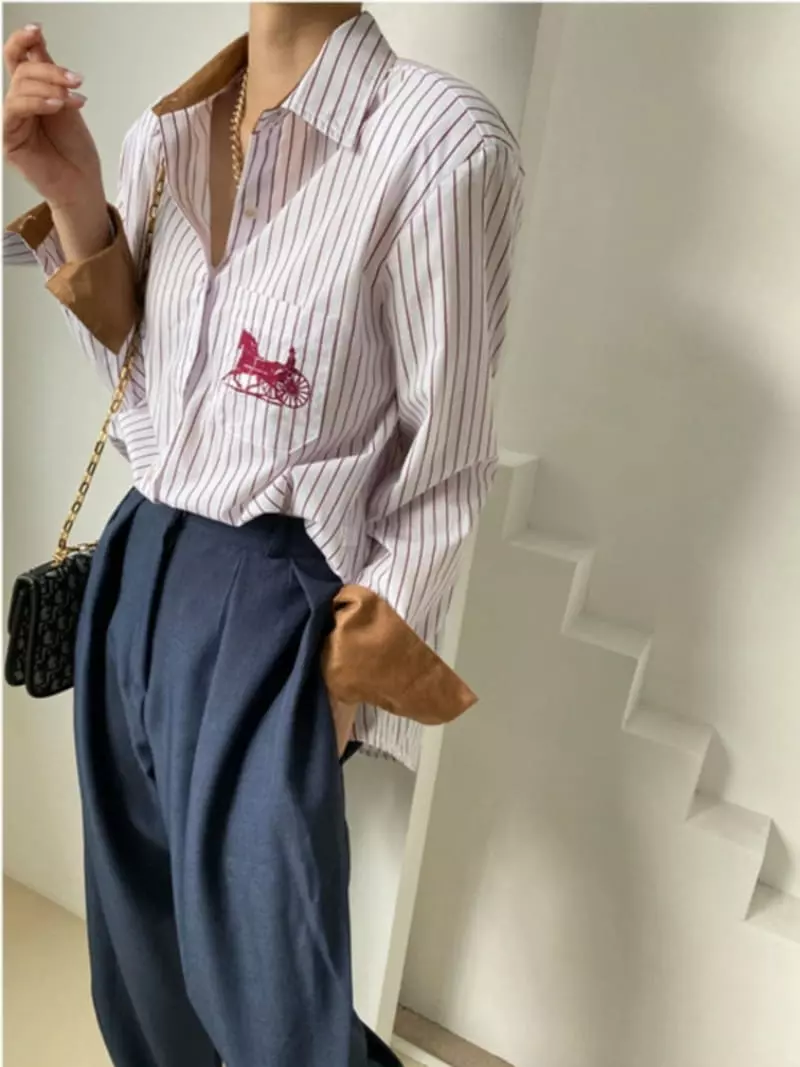 Pb - Korean Women Fashion - #womensfashion - Strip embroidery Pocket Shirt