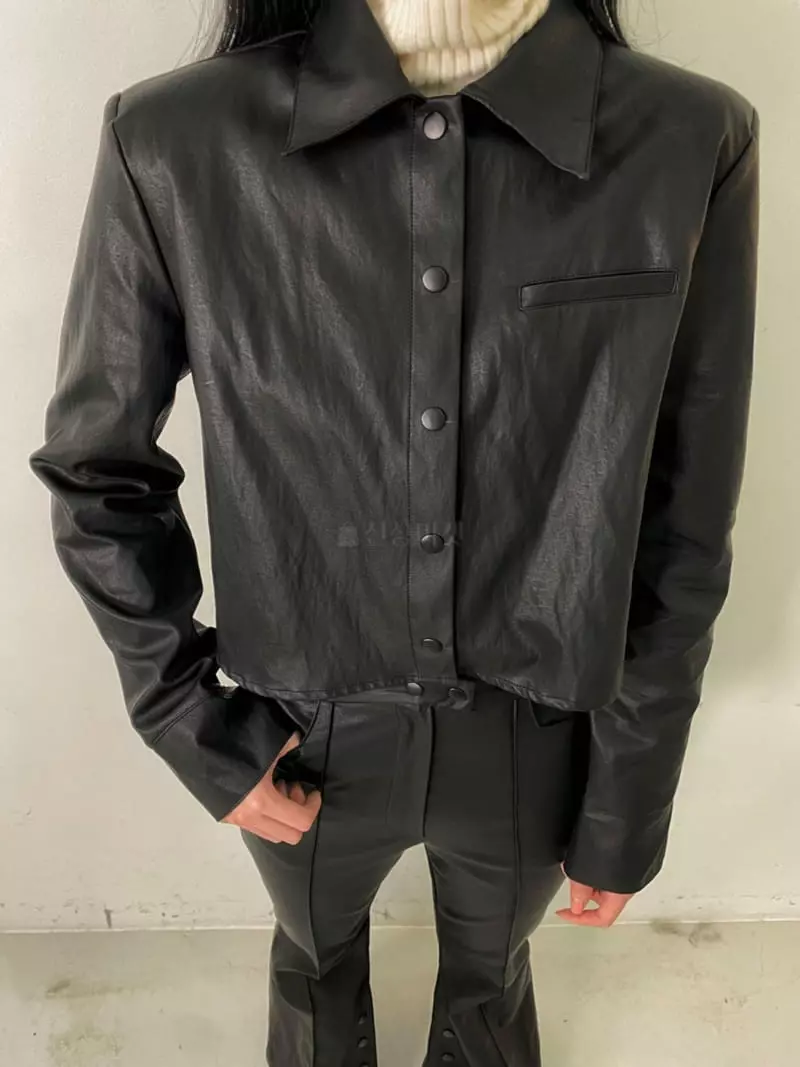 Pb - Korean Women Fashion - #womensfashion - Matte Leather crop Jacket - 3