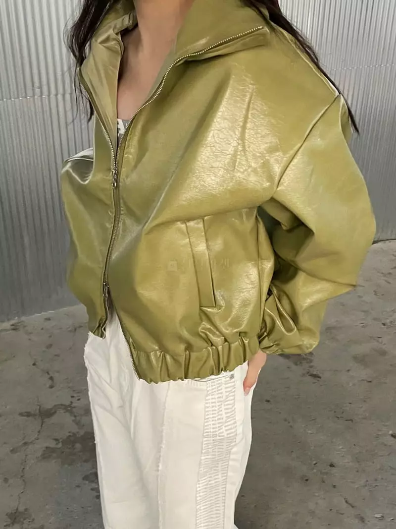 Rooof - Korean Women Fashion - #vintageinspired - Metal Leather Jacket - 2