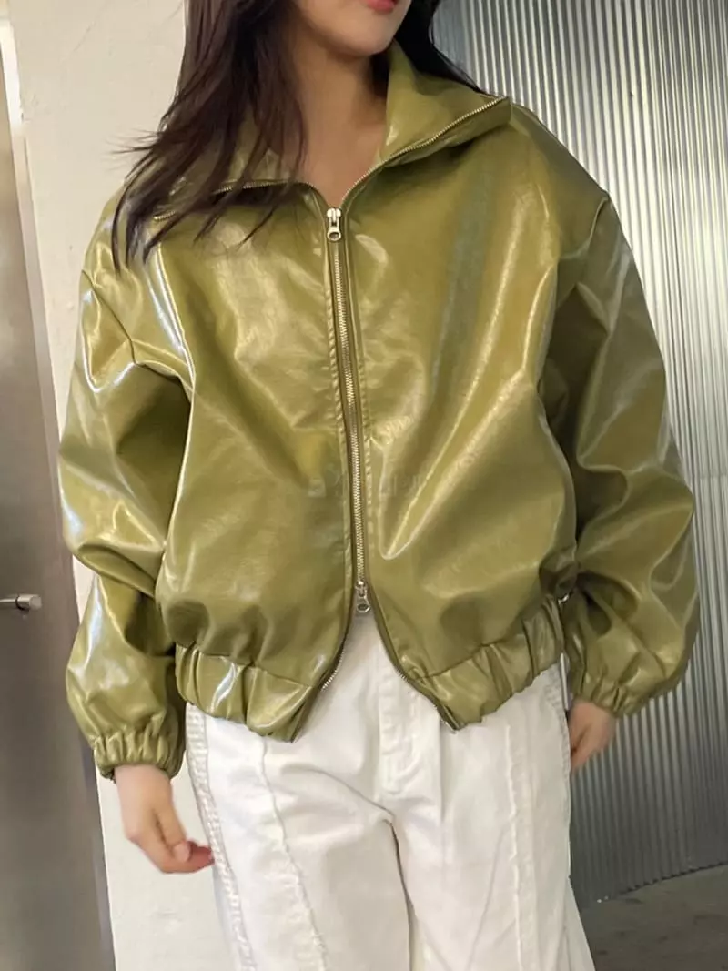 Rooof - Korean Women Fashion - #vintagekidsstyle - Metal Leather Jacket - 3