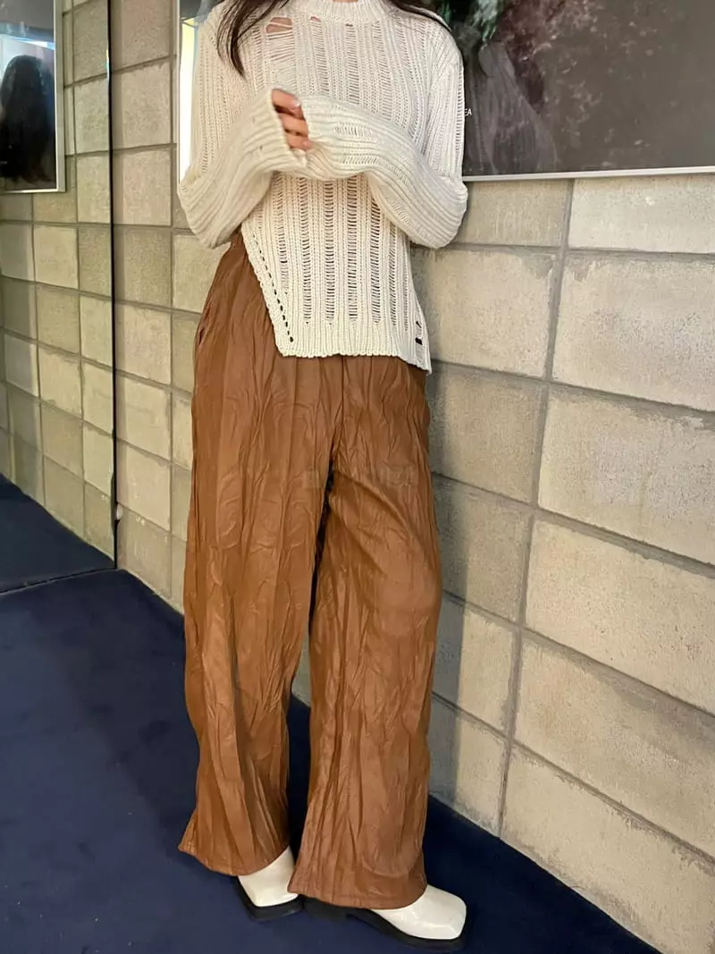 Rooof - Korean Women Fashion - #womensfashion - Leather Wrinkle Pants