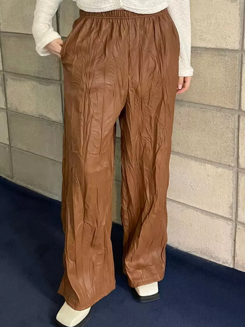 Rooof - Korean Women Fashion - #womensfashion - Leather Wrinkle Pants - 3