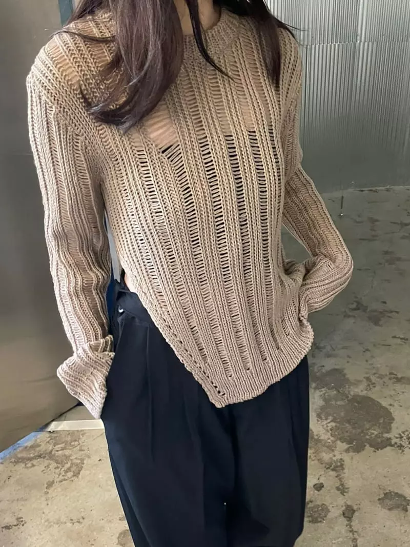 Rooof - Korean Women Fashion - #womensfashion - Open Knit Tee - 3