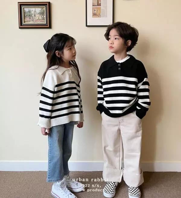 Urban Rabbit - Korean Children Fashion - #kidzfashiontrend - Button Stripes Knit - 3