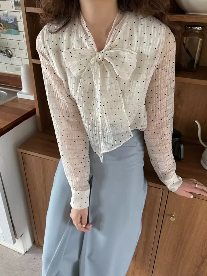 Almond Pepe - Korean Women Fashion - #momslook - Dot Scarf Blouse