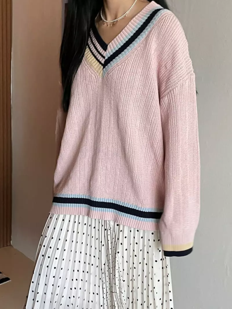 Artisover - Korean Women Fashion - #momslook - School V-neck Knit Tee - 2