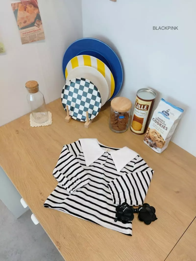 Black Pink - Korean Children Fashion - #fashionkids - Stripes Collar Tee - 5