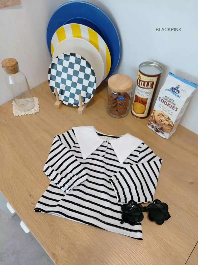 Black Pink - Korean Children Fashion - #kidsshorts - Stripes Collar Tee - 6