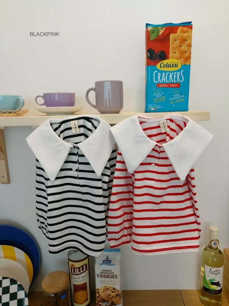 Black Pink - Korean Children Fashion - #kidzfashiontrend - Stripes Collar Tee - 8