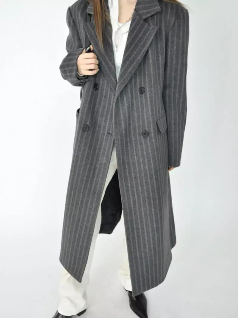 Charlotte - Korean Women Fashion - #pursuepretty - Stripe Long Coat - 2