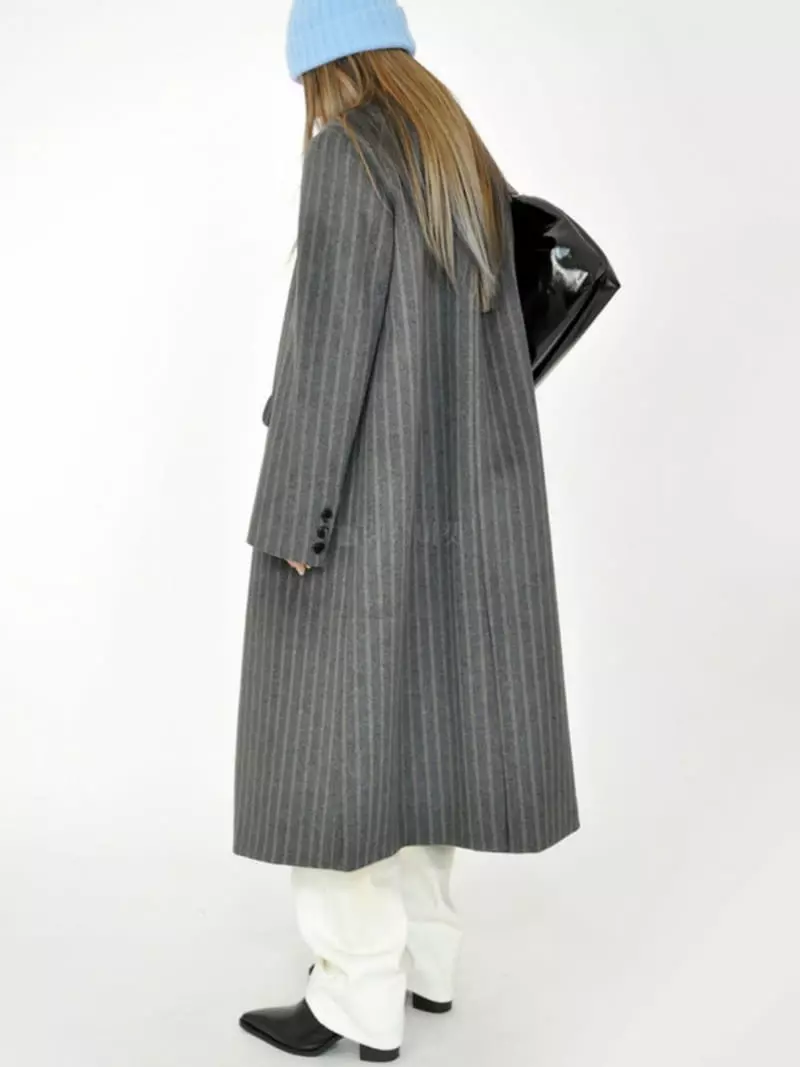 Charlotte - Korean Women Fashion - #restrostyle - Stripe Long Coat - 4