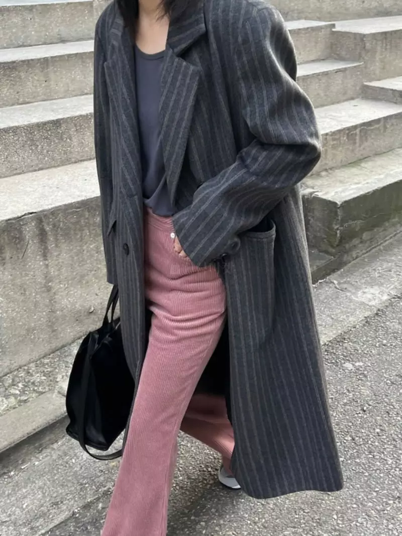 Charlotte - Korean Women Fashion - #vintagekidsstyle - Stripe Long Coat