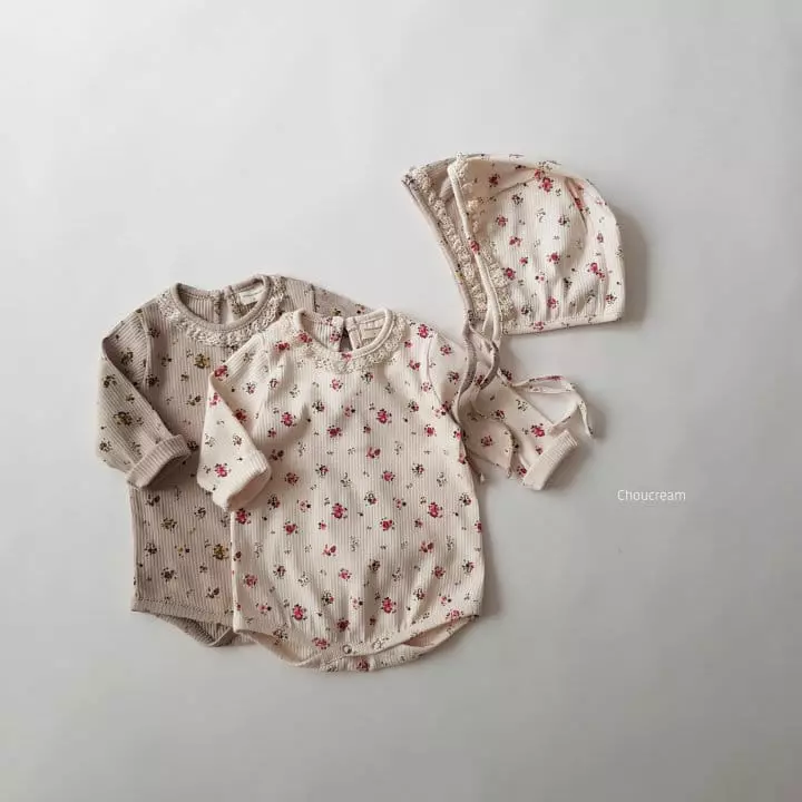 Choucream - Korean Baby Fashion - #babyfever - Lolo Flower Lace Bodysuit with Bonnet - 3
