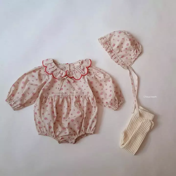 Choucream - Korean Baby Fashion - #babylifestyle - Flower Colalr Bodysuit with Bonnet