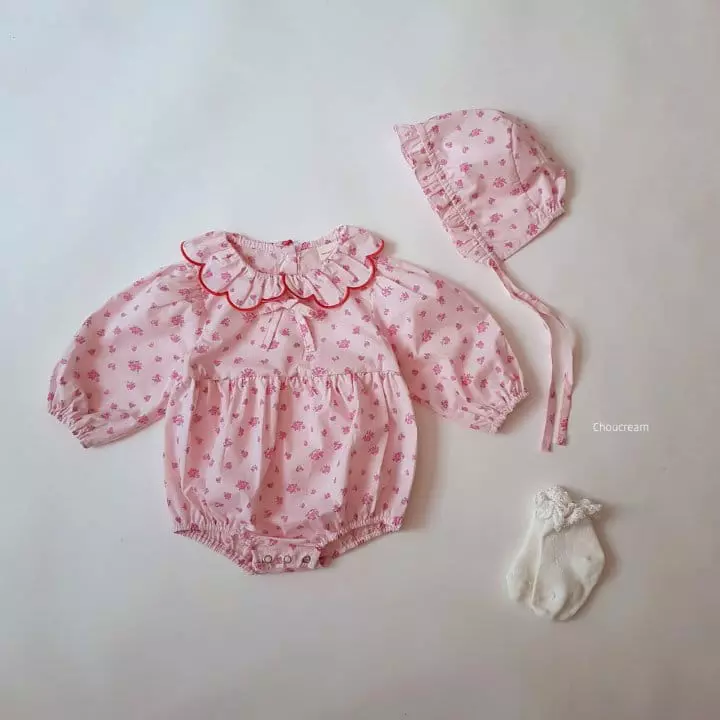 Choucream - Korean Baby Fashion - #babyoninstagram - Flower Colalr Bodysuit with Bonnet - 2