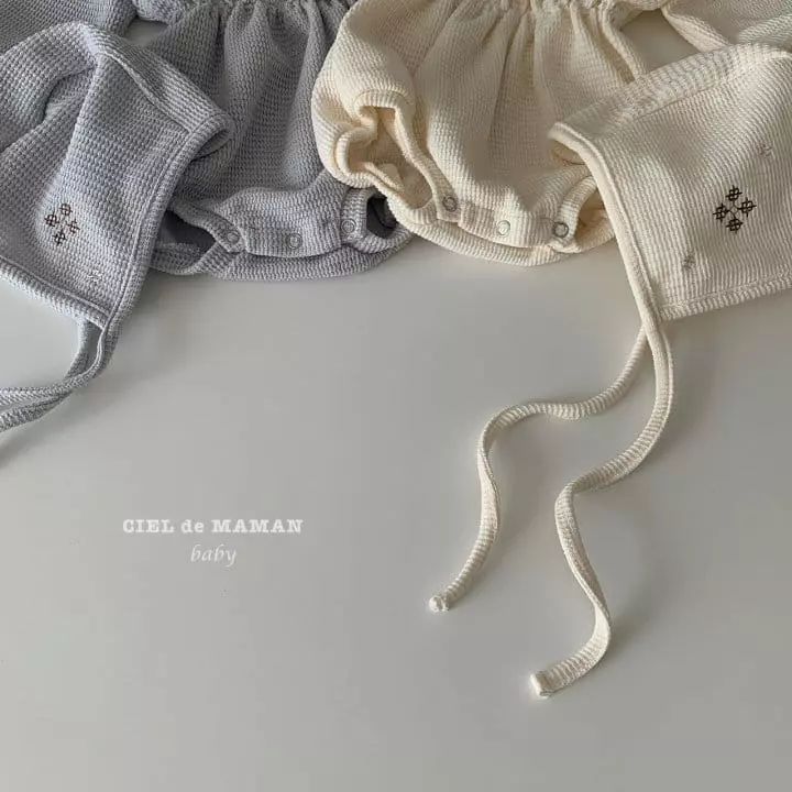 Ciel De Maman - Korean Baby Fashion - #babyootd - Waffle Embroidery Bodysuit with Bonnet - 3