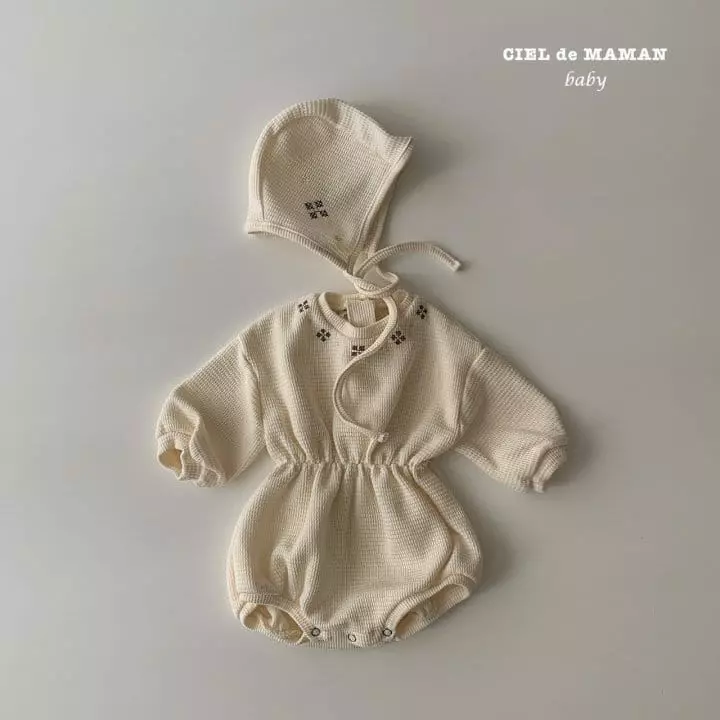 Ciel De Maman - Korean Baby Fashion - #babyoutfit - Waffle Embroidery Bodysuit with Bonnet - 5