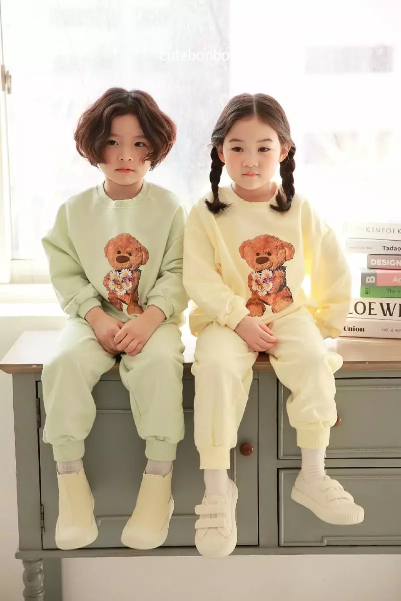 Cutebonbon - Korean Children Fashion - #Kfashion4kids - Bear Flower Top Bottom Set - 2