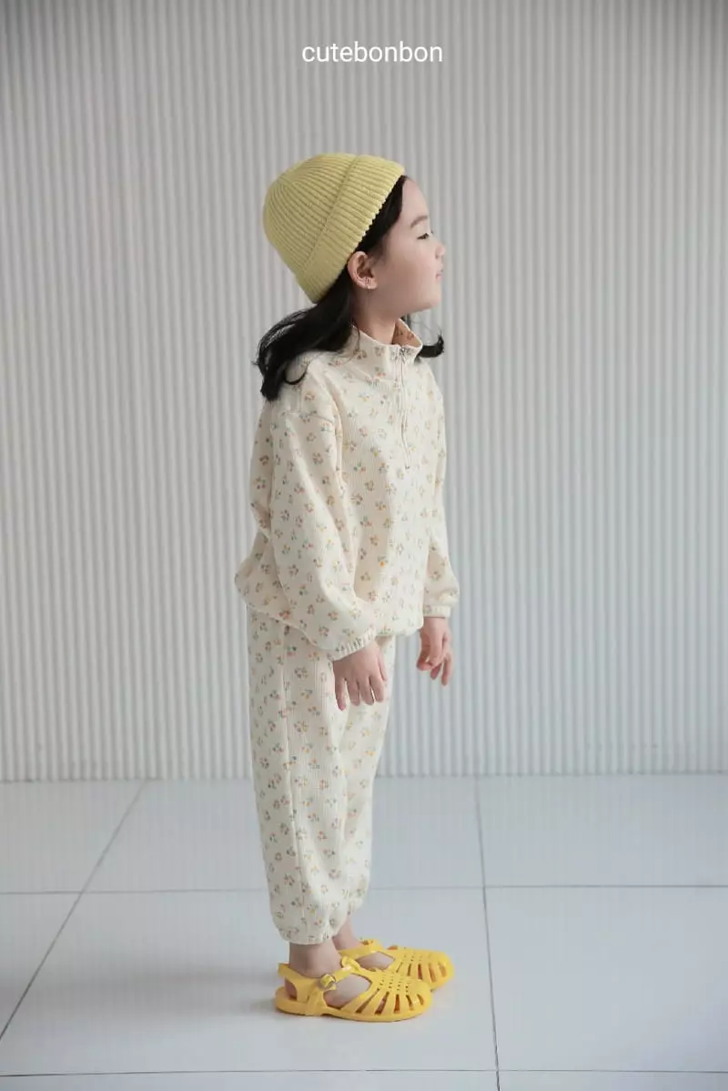 Cutebonbon - Korean Children Fashion - #fashionkids - Flower Waffle Top Bottom Set - 2