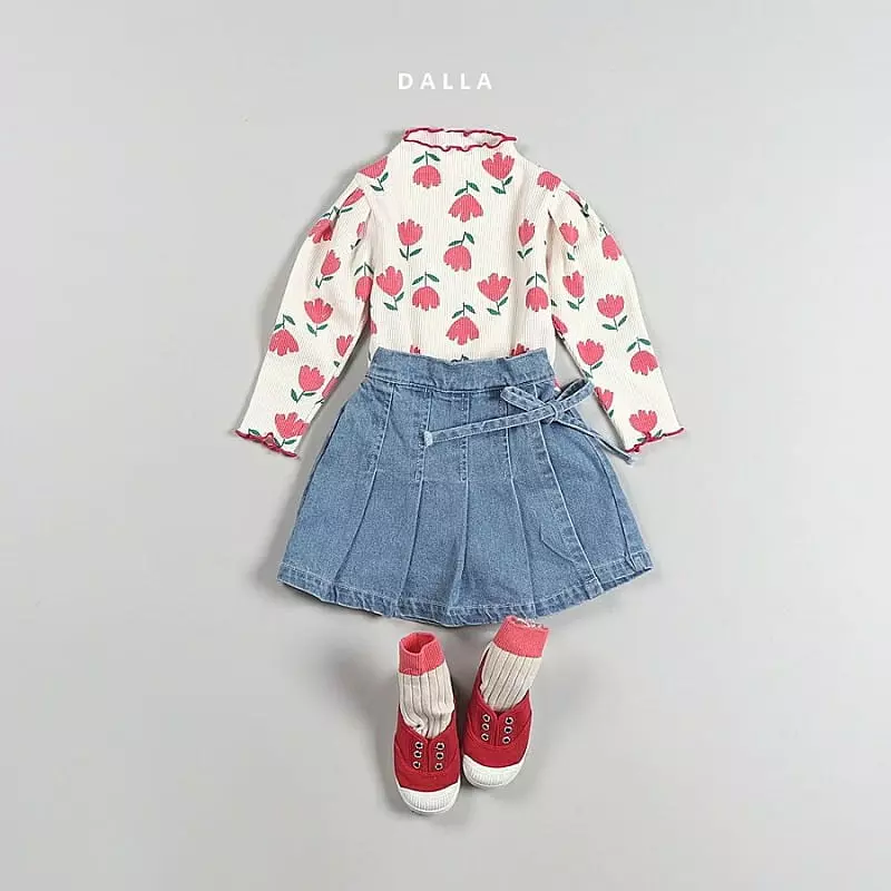 Dalla - Korean Children Fashion - #kidsstore - Denim Wrinkle Skirt Pants - 8