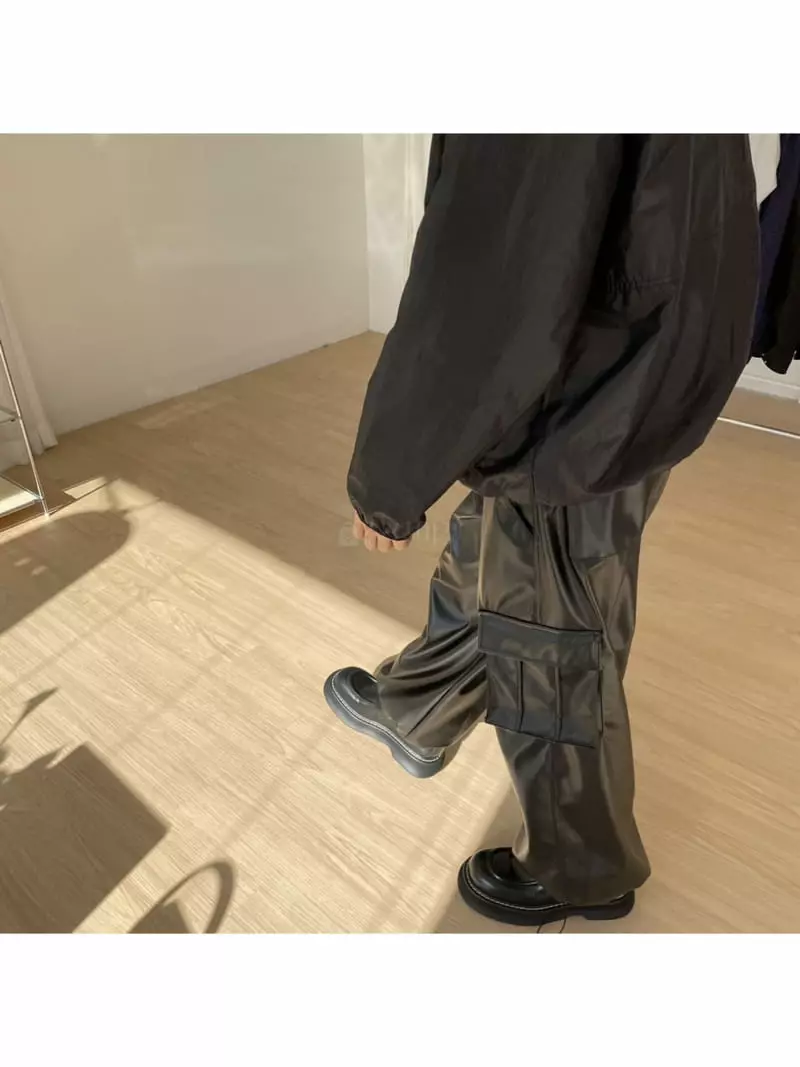 Eden - Korean Women Fashion - #vintagekidsstyle - Leather Wide Cargo Pants (blk) - 3